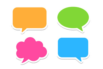 Poster - Colorful sticker speech bubbles vector set. Chat box collection. Icons for message or communication. Empty talk balloon templates for dialogue, comments, or quotes. Isolated.