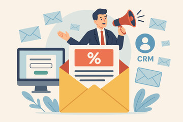Poster - Email marketing and CRM concept. Businessman with megaphone in envelope announcing discount promotion. Newsletter subscription for sales and customer communication strategy.