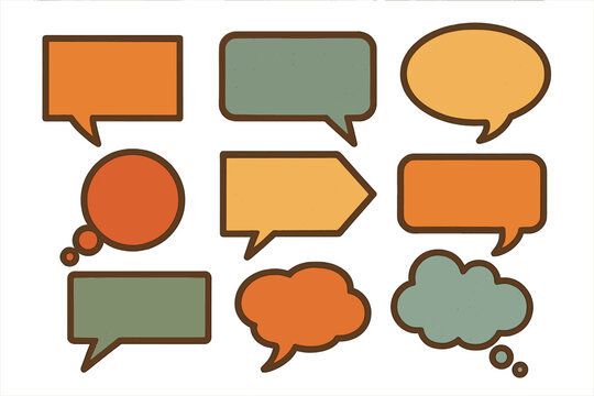 Retro Speech Bubbles and Thought Boxes Vector Set. Vintage Comic Style Chat Balloons, Text Boxes, and Dialogue Clouds. Colorful Hand-Drawn Communication Elements for Messages, Social Media, and Design