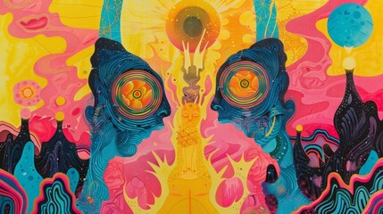 Poster - Wallpaper has a bright, psychedelic color gradient with bright yellow, pink, and blue hues.