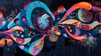 Poster - The image showcases an abstract, psychedelic design with intricate patterns and bold shapes