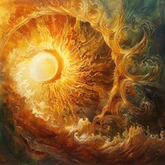 Poster - The sun, represented by a large spiral, radiates warmth and energy, complementing the overall theme of vitality and connection to nature