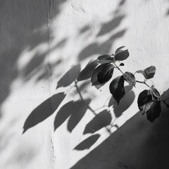 Poster - Monochromatic simplicity: A delicate branch and its shadow dancing on a textured wall surface