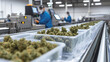 © A2Z AI  - Automated crop cultivation involves placing harvested buds into trays on a conveyor belt in a high-tech facility with masked workers overseeing operations.