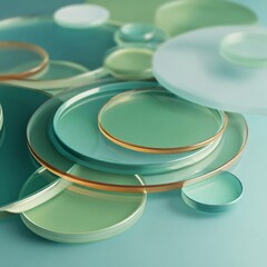 Aufkleber - Abstract composition with translucent discs in soothing teal and green tones minimalist design