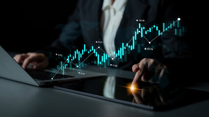 Poster - Stock market analysis with candlestick chart and price movement trend line, highlighting global financial trends, stock trading, and investment strategy insights Latch