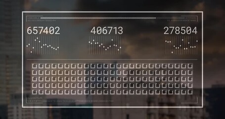 Poster - Transparent overlay appearing over city skyline updating readouts and icon grid for urban analytics