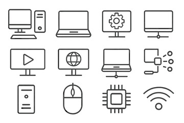 Fototapete - Computer and laptop line icon set. Thin outline vector pictogram collection. Technology concepts like network, setup, media connection, components, PC, CPU, and wifi.