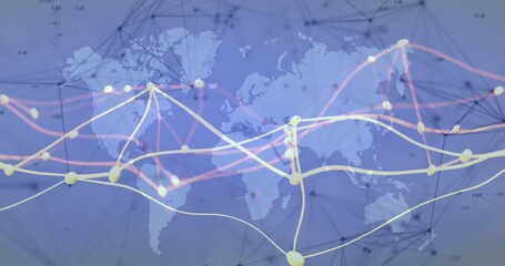 Poster - Fading world map initiating nodes pulsing while data flows animating and visualizing global network