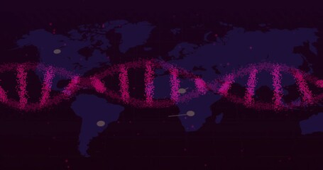 Aufkleber - Pink particles forming helix starting over blue map while nodes linking continents for connectivity