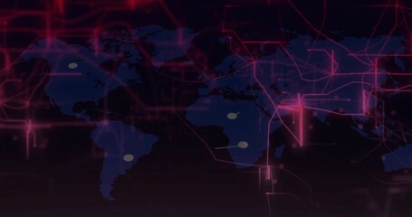 Poster - Stylized world map fading in, nodes appearing connecting via lines over red grid simulating network