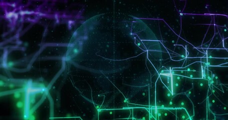 Poster - Faint dotted sphere emerging and rotating on dark void initiating circuit lines pulsing data flow