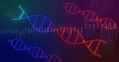 Poster - Tri-color gradient shifting driving line graph emerging drifting DNA helices showing genetic data