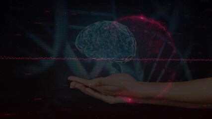 Aufkleber - Red particles driving DNA helix forming hand entering brain visualizing data dissolving sphere