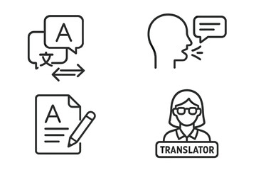 Poster - Language translation & communication skills icon set. Linear style icons for speech, writing, linguistics, and professional translator services. Outline vector pictograms.