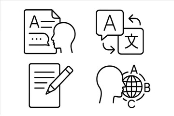 Poster - Language skills icon set. Translation, speech, and writing line icons. Linguistics, communication, and translator symbols. Multilingual, polyglot and international education concept.