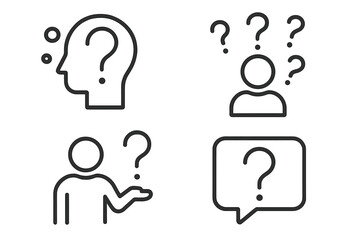 Poster - Question mark outline icon set. Thin line vector pictograms. Problem, confusion, help, and support concepts. Human head, person, and chat bubble with query symbol.