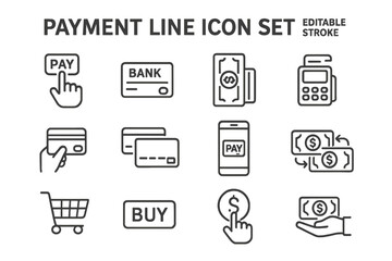 Poster - Editable Stroke Payment Icons Set. Outline Vector Illustrations of Pay, Bank Card, Credit Card, Cash, Payment Method, Money Transfer, Buy, Purchase, Shopping Cart, POS Terminal, Mobile Payment
