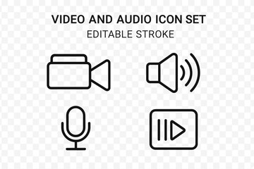Poster - Minimalist Video and Audio Line Icon Set. Editable Stroke. Outline Vector Pictograms of Video Camera, Speaker, Microphone, Media Player. Modern Linear Style Multimedia Symbols for Infographics and UI.