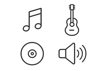 Poster - Modern Linear Music Icon Set – Outline Vector Collection Featuring Musical Note, Guitar, CD, and Speaker Symbols for Audio, Instrument, and Sound Concepts, Editable Stroke, Infographic Elements