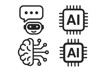 Fototapete - AI technology icon set. Chatbot assistant, chip sign, and neural network brain. Artificial intelligence, machine learning, and data processing vector illustration.
