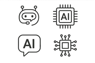 Fototapete - AI technology line icon set. Chatbot assistant and chip sign. Artificial intelligence, machine learning, robot head, and processor symbol. Vector outline illustration.