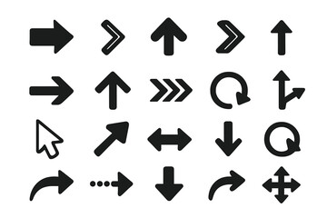 Fototapete - Arrow icon set collection. Black simple flat signs for navigation and direction. Vector illustration of different pointers, cursors, and symbols like up, down, next, and refresh.