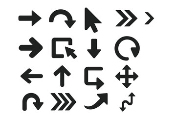 Fototapete - Arrow icon set. Black simple glyphs for web navigation and direction. Vector pointers, cursors, and signs. Up, down, left, right, next, previous, reload, refresh symbols.