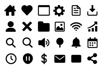 Poster - A versatile set of 24 essential black glyph icons for web design, mobile apps, and user interfaces. Minimalist pictograms include home, heart, settings, download, and share.