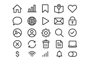 Poster - Essential Web and Mobile User Interface Icons Set. Minimalist Line Icons for Apps, Websites, Dashboard, Communication, Security, Media, Connectivity, Settings, and Notifications. Vector Illustration.