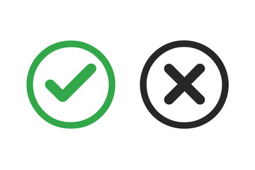 Poster - Green check mark and black cross mark icons set. Yes and no button symbols. Accept and reject, or right and wrong signs. Vector illustration for approval or rejection.