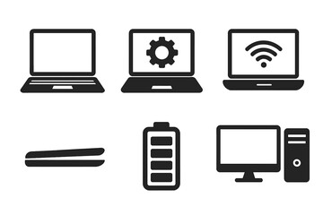 Poster - Modern Laptop and Desktop Computer Icon Set. Technology Devices Collection. Wireless Internet, Battery, Settings, Thin Ultrabook, PC Tower, Monitor. Black Silhouette Vector Illustration.
