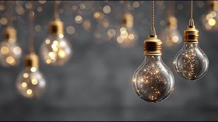 Poster - Luminous golden glittered bulbs suspended against muted gray backdrop, soft focus illumination generating enchanting festive ambiance