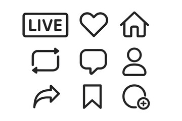 Aufkleber - Set of black outline Instagram icons. Live, like, comment, share, save, home, user profile, and repost buttons for social media app UI design. Vector interface elements.