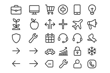 Aufkleber - Universal line icon set for web and mobile. Business, travel, technology, and shopping symbols. Minimalist outline pictograms for user interface design and infographic elements.