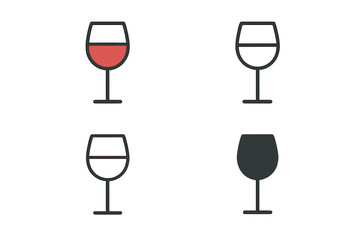 Fototapete - Wineglass icon set with red wine. Minimal line art, outline, solid glyph, and colored pictogram styles. Perfect for bar menus, restaurant logos, drink symbols, and web design.