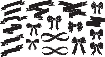 Fototapete - Vector art of set of black ribbons and bows for gift wrapping and decoration