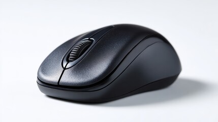 Poster - A generic, unbranded black wireless computer mouse, standing upright, isolated on a pure white background. Office tech, focus.