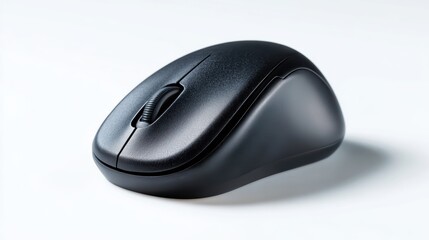 Poster - A generic, unbranded black wireless computer mouse, standing upright, isolated on a pure white background. Office tech, focus.