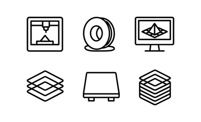 Poster - 3d printer icons: flat linear symbols for printer, filament, and printing process