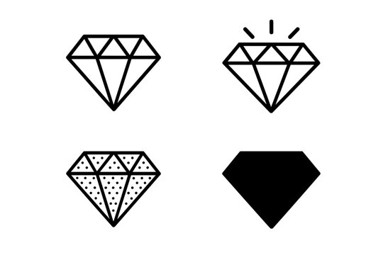 Minimalist Diamond Icon Set Collection. Black Crystal Gemstone Outline Filled Linear Design. Luxury Jewel Clipart. Decorative Minimal Line Art Emblems. Transparent PNG, Editable Vector
