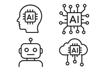 Fototapete - AI technology line icon set. Artificial intelligence, machine learning, deep learning concepts. Vector icons for web and mobile. Includes robot, cloud data, processor, smart brain.