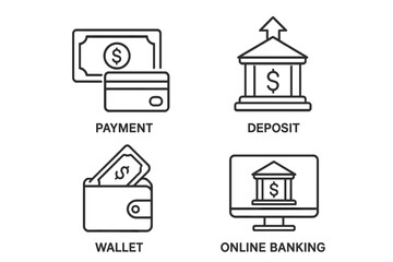Fototapete - Bank icons set in thin line style. Finance and money linear icon collection. Payment with credit card, bank deposit for savings, wallet with cash, online banking symbol.