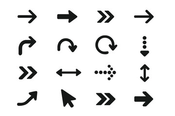 Aufkleber - Black vector arrows collection. Modern simple arrow icon set for web design and user interface. Includes cursor, pointer, refresh, and navigation symbols in flat style.