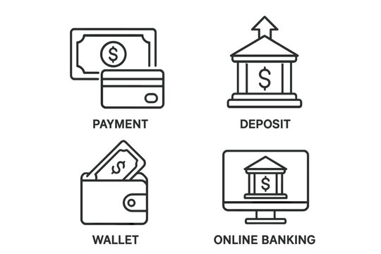 Bank icons set in thin line style. Finance and money linear icon collection. Payment with credit card, bank deposit for savings, wallet with cash, online banking symbol.