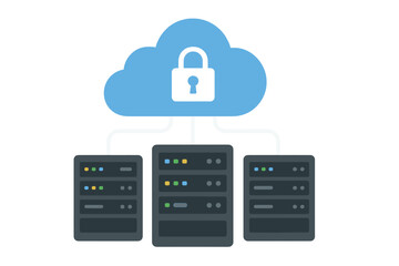 Poster - Cloud data storage and hosting servers connected to a secure network. Online cloud computing and information transfer technology concept. Data center server cabinets and protection.