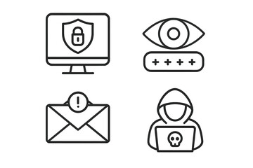 Poster - Cyber security outline icon set. Hacker, phishing email, password protection, and data privacy symbols. Internet safety, network defense, and cybercrime vector icons.