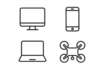 Fototapete - Device icon set in thin line style. Collection of electronic gadgets for web and mobile app design. Vector symbols of computer monitor, laptop, smartphone, and drone technology.