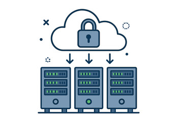 Poster - Cloud data storage and secure hosting concept. Server racks in a data center connected to an online network for information transfer and backup. Flat vector illustration.