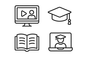 Aufkleber - Education and e-learning line icon set. Vector symbols for online courses, university study, and graduation. Includes webinar, video tutorial, and knowledge concepts.